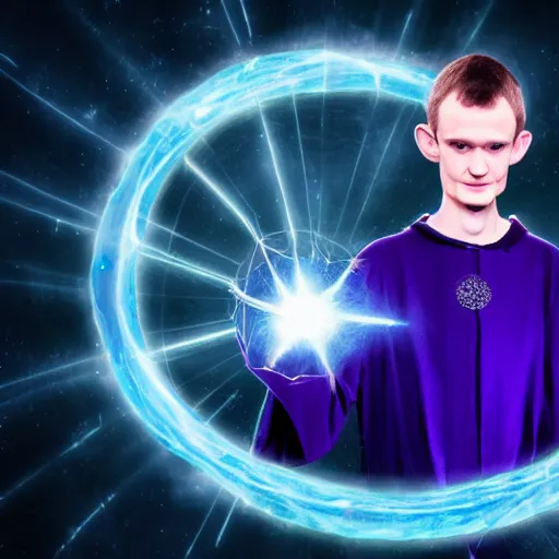 Image similar to Vitalik Buterin as an arcane wizard casting a spell , ethereum logo can be seen in the magic - Photo manipulated by DALLE