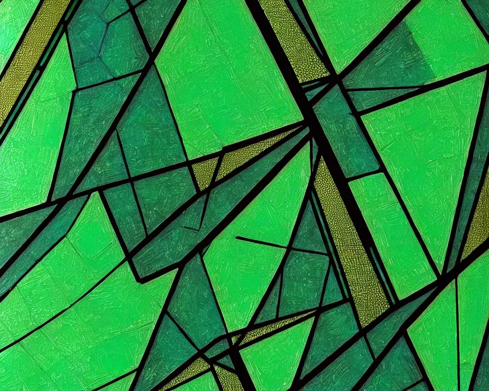 Prompt: an achingly beautiful, close-up print of fractured, geometric, green stained glass by Raphael, Hopper, and Rene Magritte. detailed, romantic, enchanting, trending on artstation.