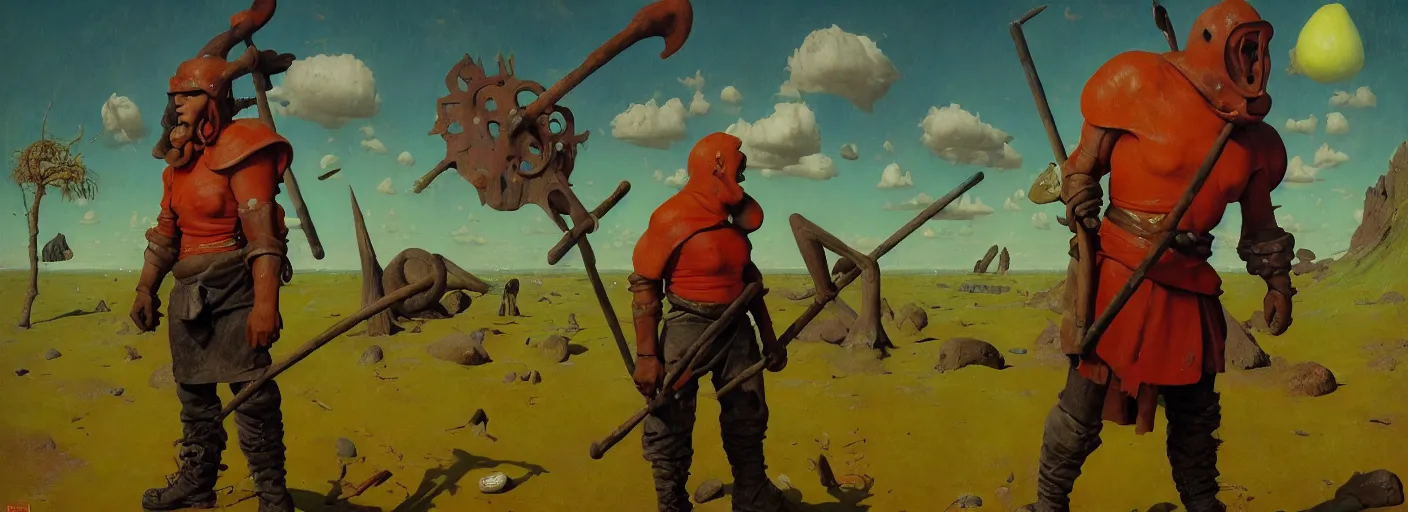 Image similar to full - body portrait surreal colorful clay fighting artstation rpg barbarian character concept art anatomy, action pose, very coherent and colorful high contrast masterpiece by norman rockwell franz sedlacek hieronymus bosch dean ellis simon stalenhag rene magritte gediminas pranckevicius, dark shadows, sunny day, hard lighting, reference sheet white! background