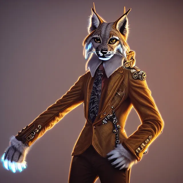 Image similar to the portrait of anthropomorphic lynx fursona wearing a steampunk suit as unimaginably beautiful, gorgeous, elegant, young lynx, an ultrafine hyperdetailed illustration by furaffinity, intricate linework, white fur, unreal engine 5 highly rendered, global illumination, radiant light, detailed and intricate environment