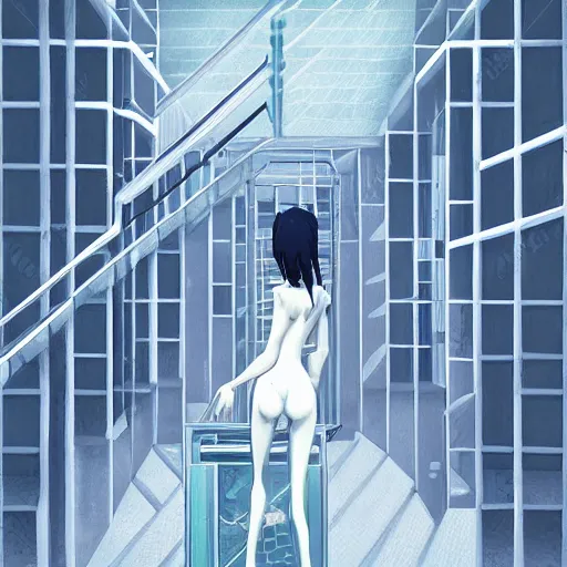 Prompt: a slimegirl in a bright white hallway with many doors and many stairs, Mc Escher architecture, epic composition, by Makoto Shinkai