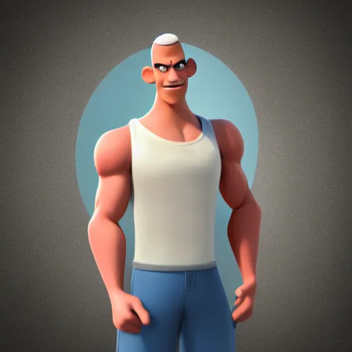 Prompt: handsome thin athletic white man with short buzzed widows peak hair, eyes are blue, facial stubble, wearing tank top, posing outside, depicted as a Pixar character, high quality cg render, 4k
