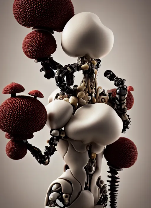 Image similar to biomechanical mannequin carrying perfume bottle, black corals table made of corals, mushrooms, puffballs, rhizomorphs in an ivory room well contoured smooth fair walls, up close shot, sharp focus, global illumination, radiant light, alexandre ferra white mecha, irakli nadar, octane highly render, 4 k, ultra hd,