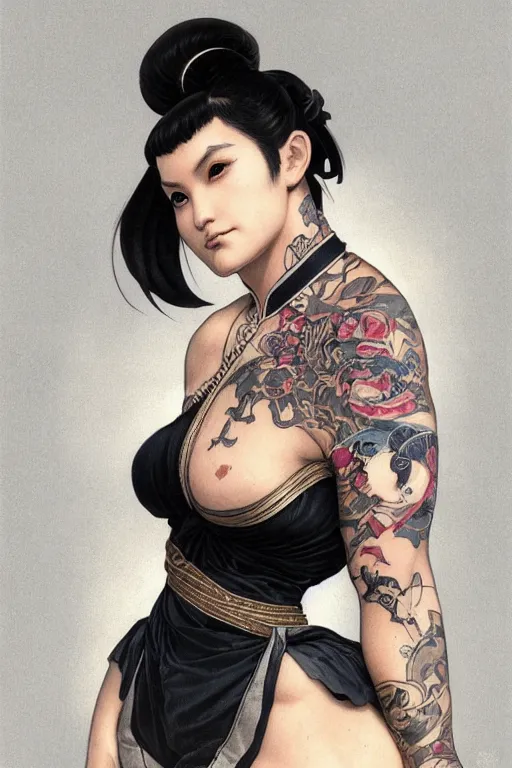 Image similar to portrait of goth Chun Li with yakuza tattoos, Street fighter, intricate, elegant, highly detailed, digital painting, artstation, concept art, smooth, sharp focus, illustration, art by artgerm and greg rutkowski and alphonse mucha and william-adolphe bouguereau