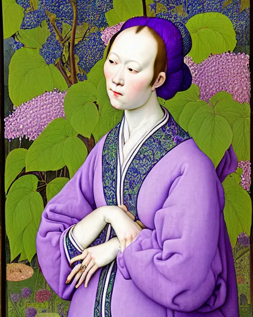 Image similar to portrait of a woman with lilac long hair wearing a baggy blue pajama, standing in a big garden full of plants and, intricate details, high detail, in the style of rogier van der weyden and jacopo da pontormo, punk, asian art,