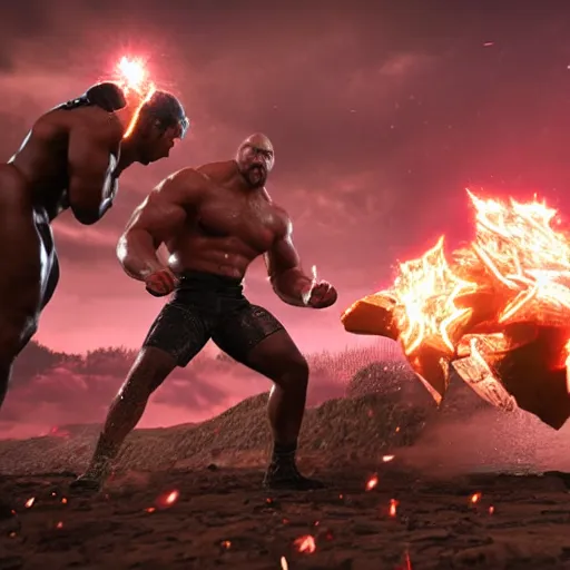 Image similar to giga chad fighting the rock in a wwe arena, cinematic lighting, photorealistic,