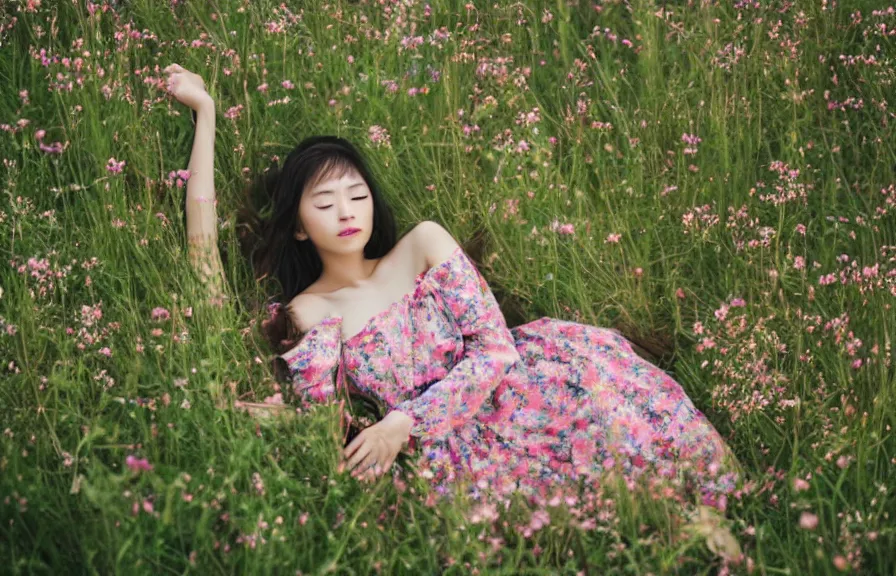 Image similar to a beautiful young Asian woman lying in a field of wildflowers, wearing a sun dress, portrait, dreamy, cinematic, depth of field, glow