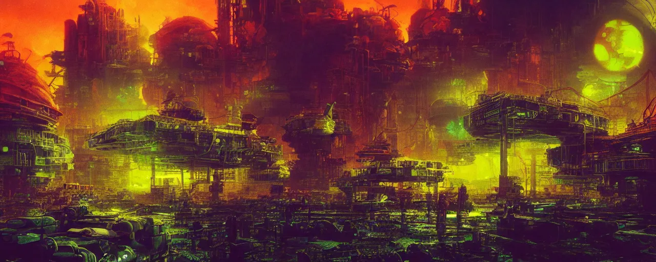 Image similar to ” radioactive hazard, [ by paul lehr, cinematic, detailed, epic, widescreen, opening, establishing, mattepainting, photorealistic, realistic textures, octane render ] ”