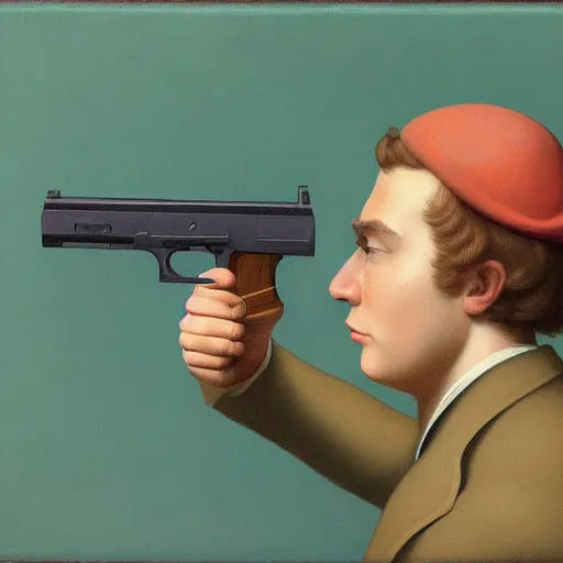 Image similar to a confused young-man weilds a gun by Raphael, Hopper, and Rene Magritte. detailed, romantic, enchanting, trending on artstation.