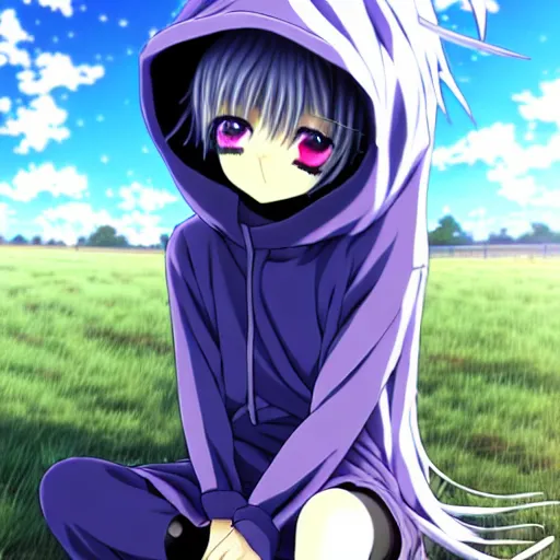 Prompt: A cute young real life 3D anime girl with long blueish lavender hair, wearing a black reaper hood with shorts, a bloody scythe is laying next to her foot, sitting on one knee in a large grassy green field, shining golden hour, she has purple anime eyes, extremely cute anime girl face, she is happy, childlike, little kid, black anime pupils in her eyes, Haruhi Suzumiya, Umineko, Lucky Star, K-On, Kyoto Animation, she is smiling and happy, sitting on one knee on the grass, chibi style, extremely cute, she is smiling and excited, her tiny hands are on her thighs, she has a cute expressive face