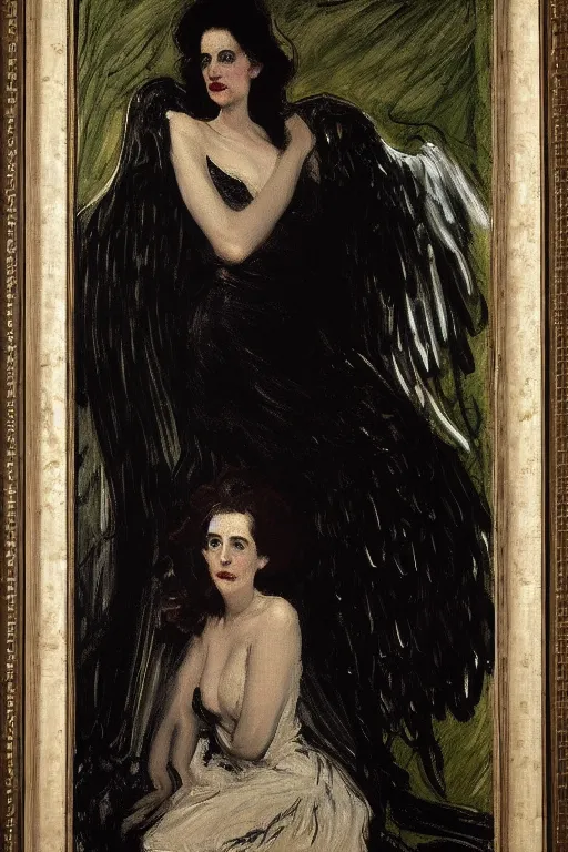 Prompt: portrait of eva green as an angel of death by walter sickert, john singer sargent, and william open