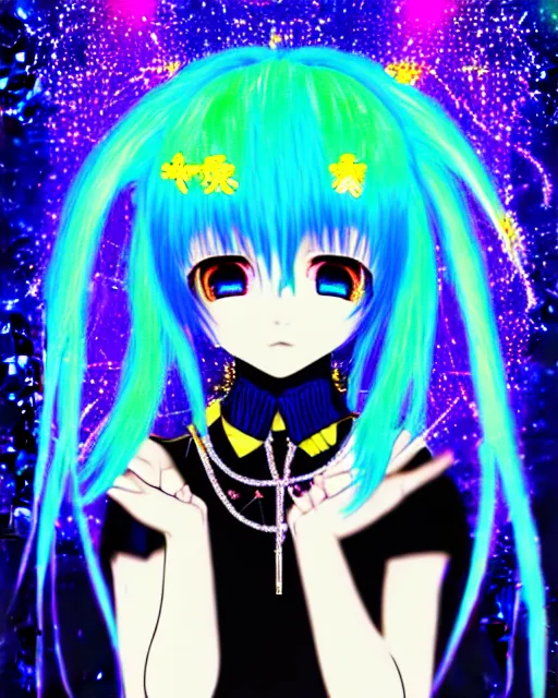 Image similar to neo tokyo japanese anime kawaii decora hologram of rimuru tempest, sky blue hair, golden yellow eyes, wearing black stylish clothing, holography, irridescent, baroque visual kei glitch art