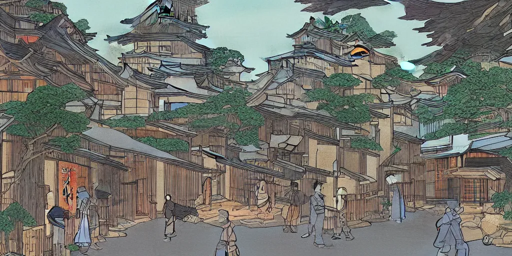 Image similar to “woodblock scene depicting cozy Japanese village being protected by a large gundam. POV from street level.”