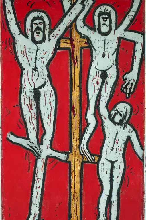 Image similar to bloody jesus christ crucified painted by cy twombly and keith haring