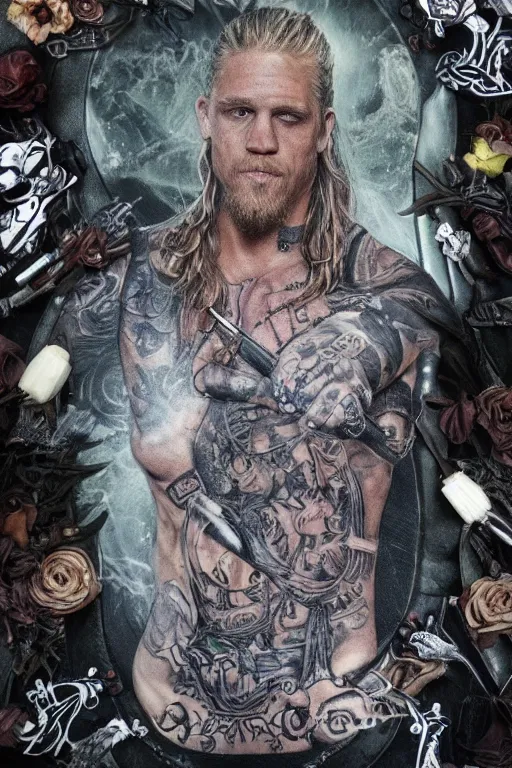 Image similar to Photorealistic half body Portrait of Jax Teller as a very attractive muscular biker, all his skin covered by flowers, elvish symbols and and dark grim themed tattoos. surrounded by magic lightings overlays, Intricate, concept art, magic lighting overlays, magical portal opened, D&D!, fantasy style, sharp focus!, ultra detailed, art by Artgerm and Peter Andrew Jones, WLUP, Magali Villeneuve