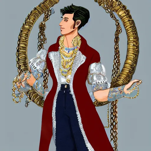 Prompt: a character model design of an extremely handsome young man wearing excessive jewelry in an ornate and elegant way