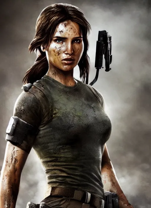 Prompt: a film still of lara croft as swat cop, her face muddy and sweat, direct sun light, close up potrait, cinematic,