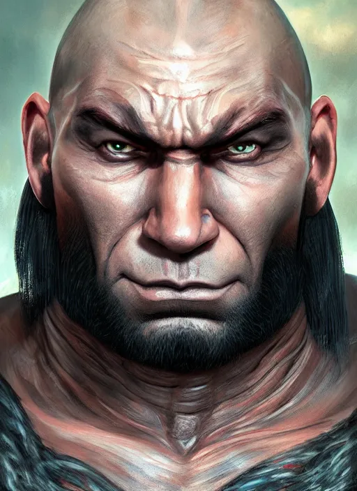 Image similar to A fantasy comic book style portrait painting of Dave Bautista as a half-orc, unreal 5, DAZ, hyperrealistic, octane render, RPG portrait, dynamic lighting