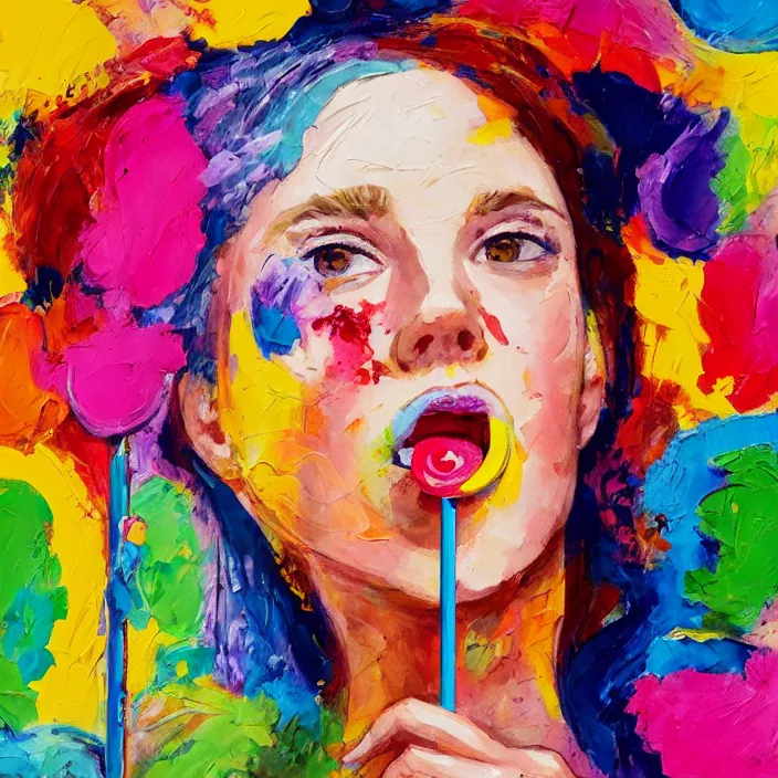 Image similar to portrait of beautiful woman licking a lollipop painted with colorful gouache impasto