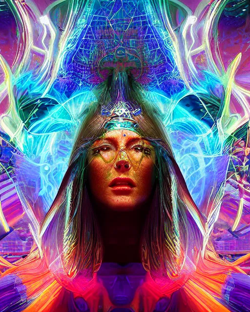 Image similar to a powerful energy psychedelic matrix priestess, by alexander fedosav, hyper detailed digital matte painting, concept art, hyperrealism, 1 6 k resolution, cinema 4 d, 8 k resolution, trending on artstation, behance hd, a masterpiece, by stephan martiniere, particles, cel - shaded, power bright neon energy, by david a. hardy,