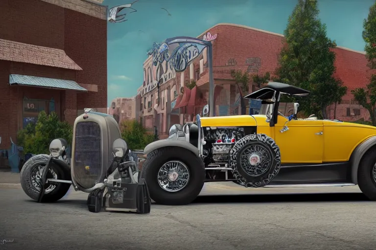 Image similar to a whimsical illustration of a 1 9 3 0 model a ford hot rod driving in a beautiful town square area of a small town, 8 k resolution, lowbrow style, storybook illustration, octane render, detailed painting, by katherine federer, anthony pafford, harry gamboa and tracy flickinger