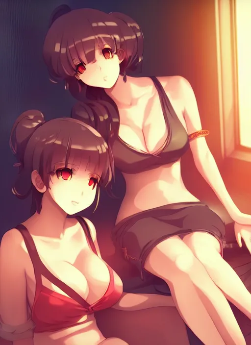 Prompt: two beautiful mothers sitting by a fan on a hot summer evening, gorgeous faces, thick lines, cinematic lighting, detailed anime art,