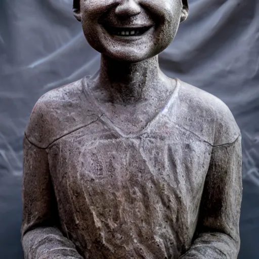 Image similar to statue smiling wide guy high red eyes fake smiles