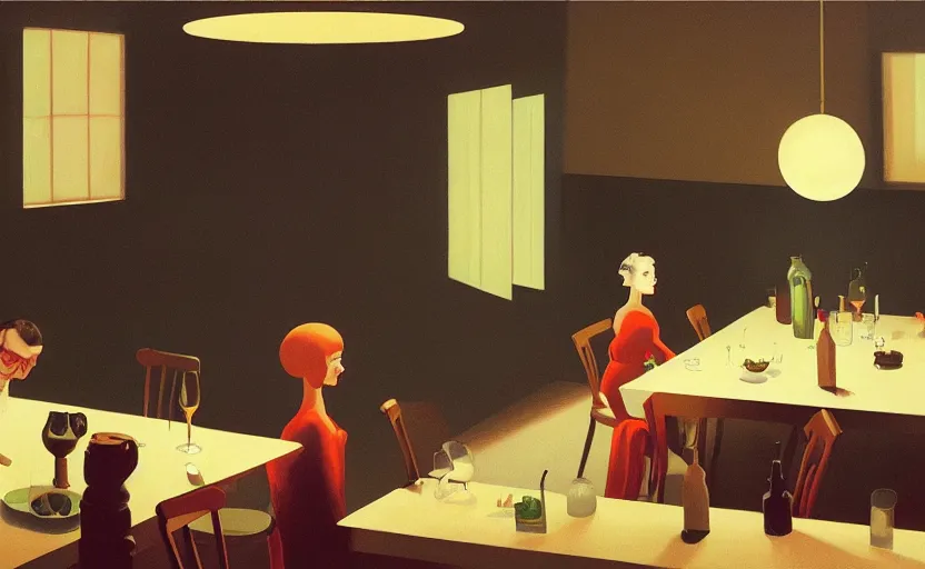 Prompt: a mysterious surreal dinner scene illustration by atey ghailan and escher and edward hopper, surreal