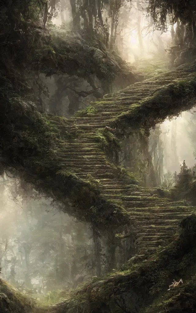 Image similar to the journey of life, each stage is a step in a stairway, detailed, 4 k, octane, a person walking up a set of stairs in the woods, a detailed matte painting by huang ding, cgsociety, fantasy art, mystical, mist