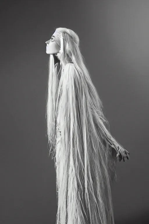 Image similar to beautiful girl with ice white hair wearing long futuristic highly detailed dark cloak designed by yohji yamamoto standing in a shadow of the soft light, mystery, mysterious, soft muted colors, simple shapes, wes anderson, golden ratio, perfect composition, happiness, cannon ef 6 5 mm f / 2. 8