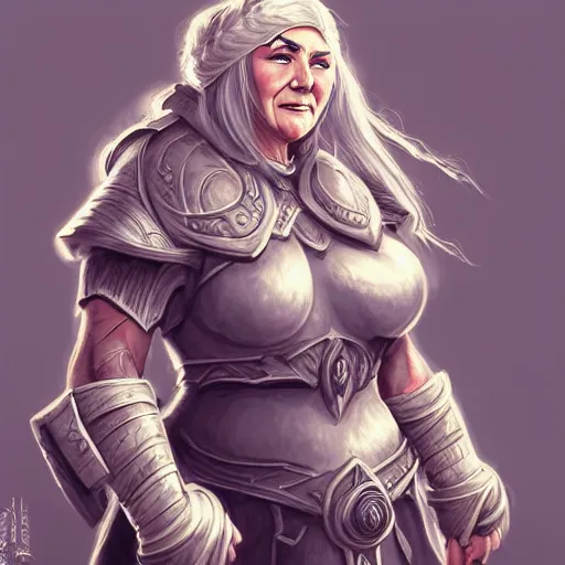 Prompt: elderly female feminine dwarven heavyset fighter with immaculate long grey hairstyle and intricate long beard in braids and wrinkled skin wearing full platemail armor by rossdraws