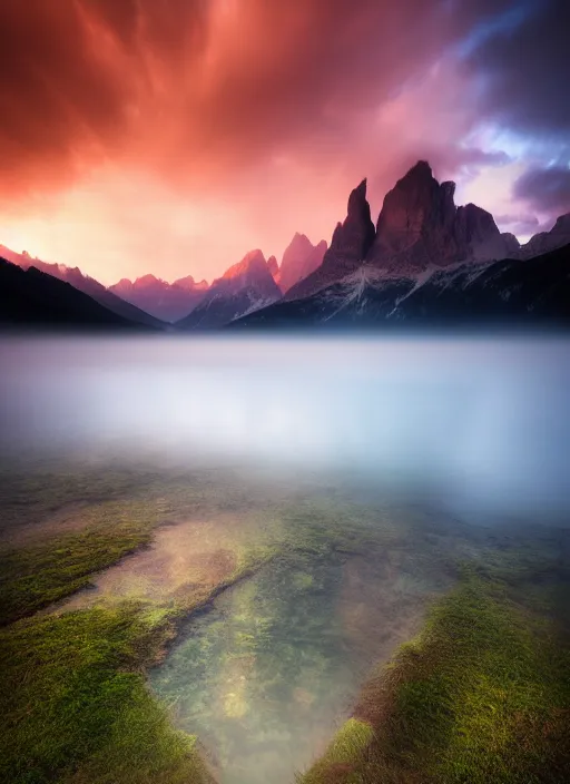 Prompt: beautiful landscape photography by marc adamus, dolomites, a lake, mist, reflections, sunset, dramatic sky