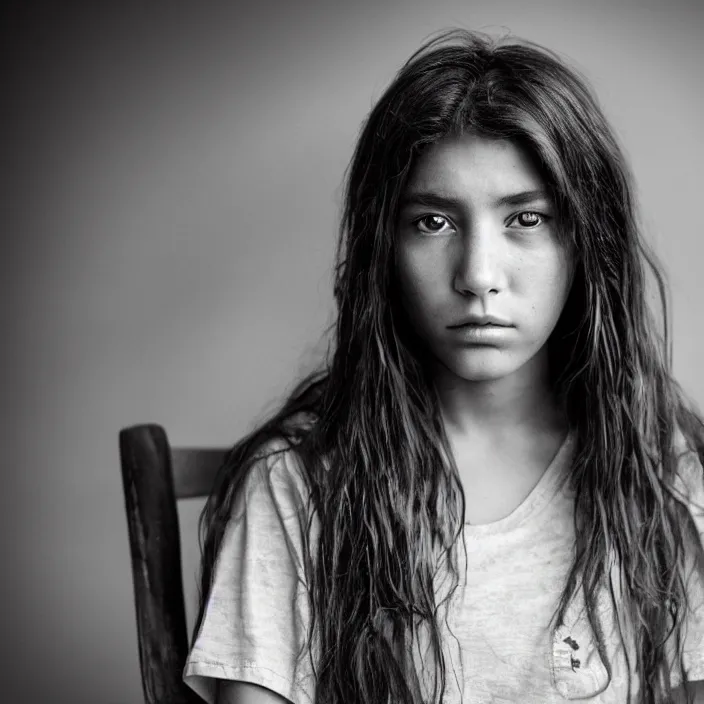 Prompt: portrait photograph of an extremely beautiful!!!! young native American female, Moody look on her face, natural light, wearing a t-shirt and jeans!! Brown hair. Brown eyes. Sitting in a chair in a bright room. looking at the camera!!. super resolution. Extremely detailed. Graflex camera!, bokeh!!!!! trending on artstation.