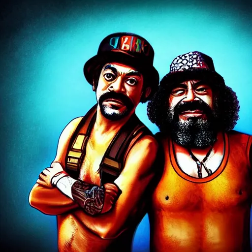 Image similar to portrait of cheech and chong, ultra realistic, highly detailed, hd, sharp focus, highly detailed, vivid colors, cinematic lighting,