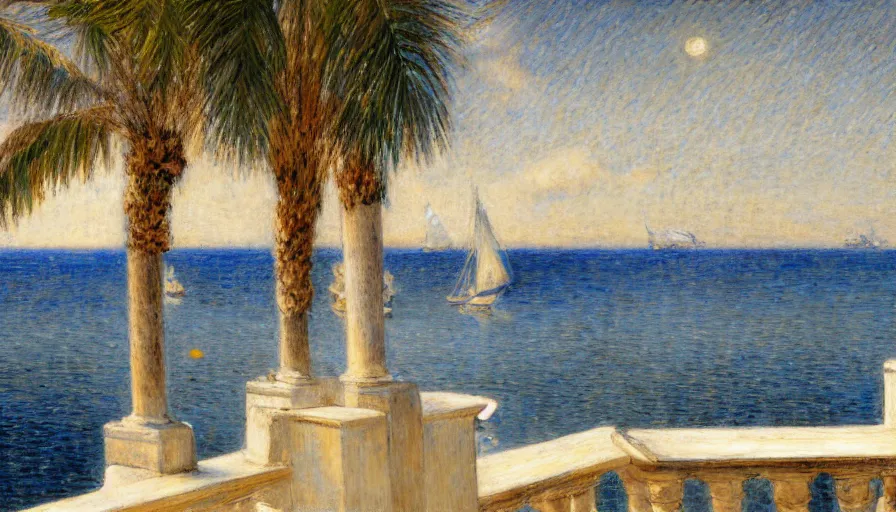 Image similar to a ultradetailed beautiful painting of the night sky of the great greek river golden white palace balustrade designed by jules bastien - lepage, tarsila do amaral, frank weston and gustave baumann, beach, trending on artstation, mediterranean, palm trees, sharp focus, sail boats, soft light, 8 k 4 k