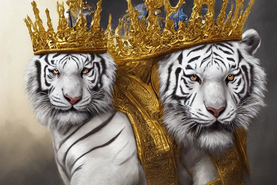 Prompt: artwork of a white tiger king with gold crown and blue king suit, concept art, portrait, super detailed, 4 k hd, trending on artstation, digital painted, low contrast, made by greg rutkowski and viktoria gavrilenko