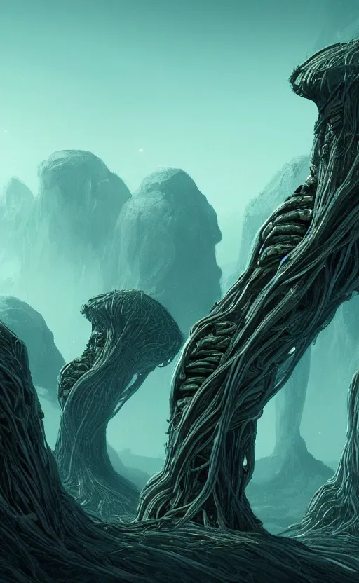 Image similar to a creature made out of visible arteries and veins and bones and muscles and spine and nerves, walking on an alien planet with aliens plants, looking at an alien breathtaking landscape, cinematic lighting, concept art, artstation