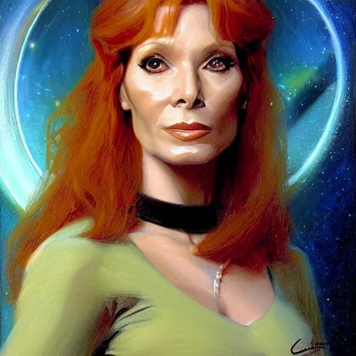 Image similar to a portrait of dr crusher, star trek the next generation. highly detailed painting by gaston bussiere, craig mullins, j. c. leyendecker, furry