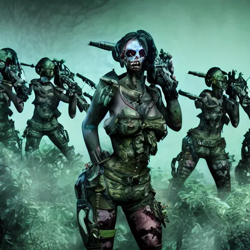 Prompt: squad of beautiful armed zombie girls in army of nurgl in fantasy forest between a trees, all filtered through a cybernetic lens, studio lighting, lit by flashing pixel light, cinematic lightning, medium shot, mid-shot, highly detailed, trending on artstation, Unreal Engine 4k, cinematic wallpaper