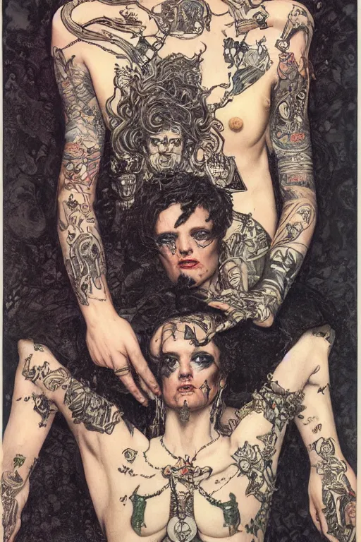 Prompt: full length portrait of made mikkelsen as a tattooed gothic punk by lawrence alma tadema and zdzislaw beksinski and norman rockwell and jack kirby and tom lovell and greg staples