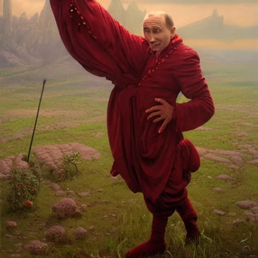 Image similar to vladimir putin, is a jester, circus performance, fantasy 3 d render, masterpiece, by donato giancola and greg rutkowski and wayne barlow and zdzisław beksinski, realistic face