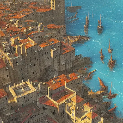 Image similar to Digital art of a large medieval coastal capital, bird's eye view drone Marc Simonetti