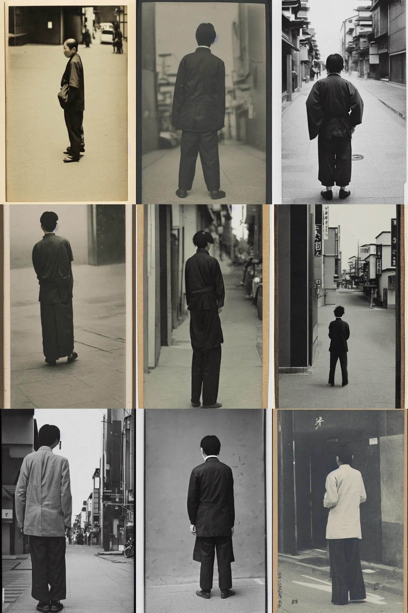 Prompt: photograph of a Japanese man on a street corner, back view, professional photograph, artistic, cityscape