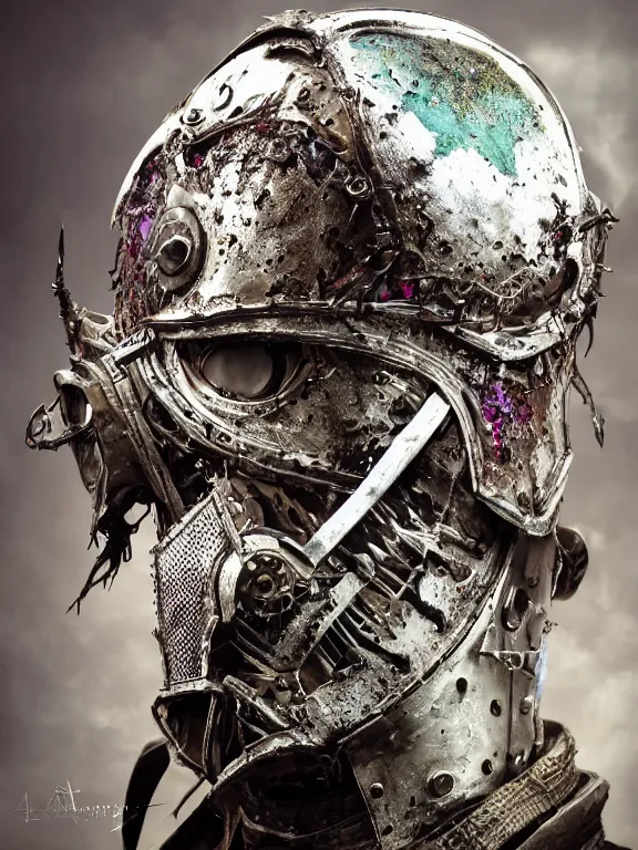 Prompt: portrait art of 8k ultra realistic undead eldritch horror corrupted retro futuristic medieval knight, smashed glass helmet , detailed intricate ornate armour,decaying, cybernetic, full of colour, cinematic lighting, battered, trending on artstation, 4k, hyperrealistic, focused, extreme details,unreal engine 5, cinematic, masterpiece, art by ayami kojima, giger