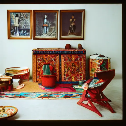 Prompt: a bright color photography of an ethnographic object in a white room, leica m 6