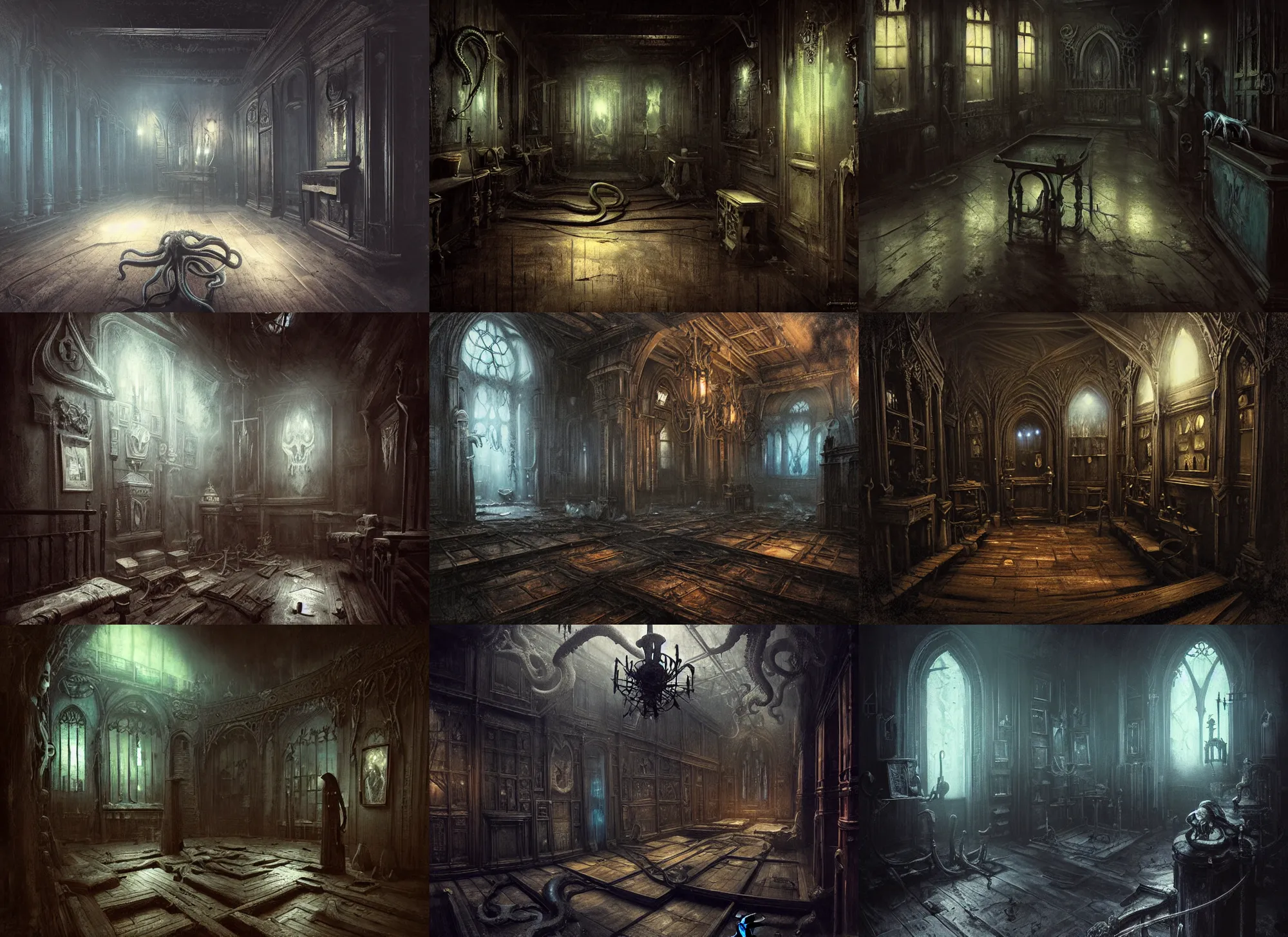 Prompt: gothic archeologic museum, wooden floor, darkness, evil, creepy, science, 1 9 century, hard atmosphere, lovercraft, insmouth, tentacles, artwork, paint, blue tones, detailed, by bastien lecouffe deharme, by jeremy mann, by alexander fedosav
