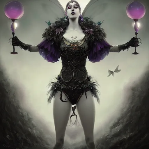 Prompt: tom bagshaw, soft painting fractal curiosities fairy carnival, single beautiful female in full nightshade gothic armor, accurate features, focus, very intricate ultrafine details, black white purple volumetric clouds, award winning masterpiece, octane render 8 k hd