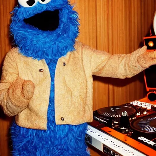 Prompt: “photograph of Cookie Monster as a DJ with turntables that are cookies”