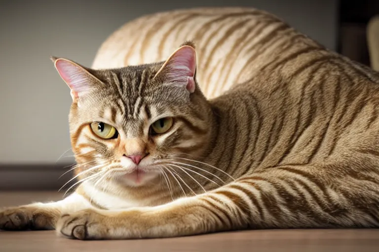 Image similar to A fat tabby cat laying on his back longways, back feet in foreground, head blurred in background, digital art