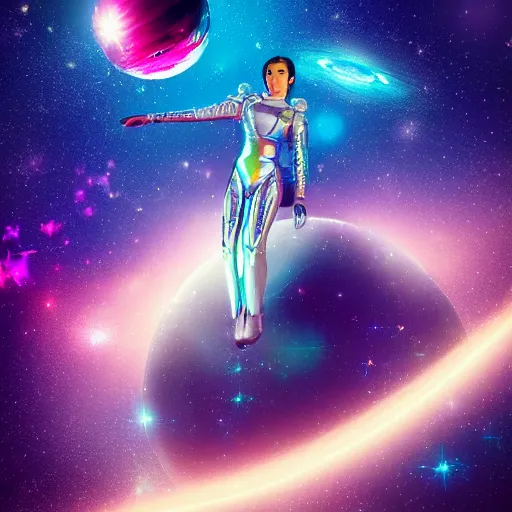 Prompt: a picture of a beautiful woman in a futuristic feminine spacesuit flying through space with galaxies in the back from far away, epic lighting, digital art, vector art, artwork by beeple and lisa frank, fantasy, intricate, highly detailed, artstation, octane render